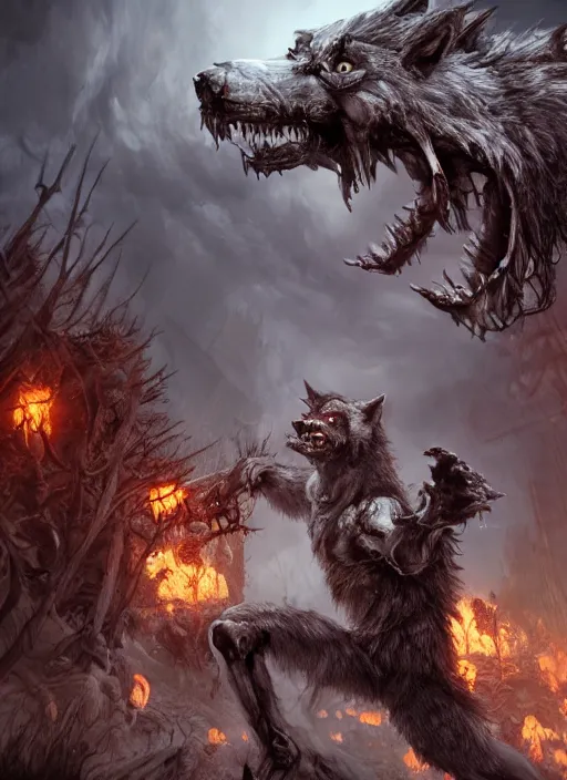 Image similar to werewolf fighting an endless army of skeletons, ultra detailed fantasy, dnd, rpg, game design concept art, behance hd, artstation, deviantart, global illumination ray tracing hdr render in unreal engine 5