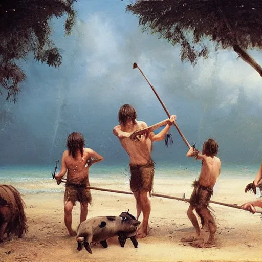 Image similar to teenage boys dressed as savages with wooden clubs dancing around a pig ’ s head on a stick, on a deserted island in the pacific, by greg rutkowski,