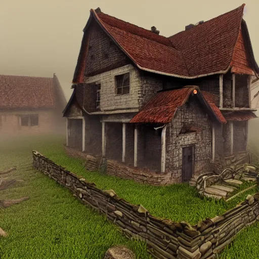 Prompt: Village render horror fog foster highly detailed game one house fear