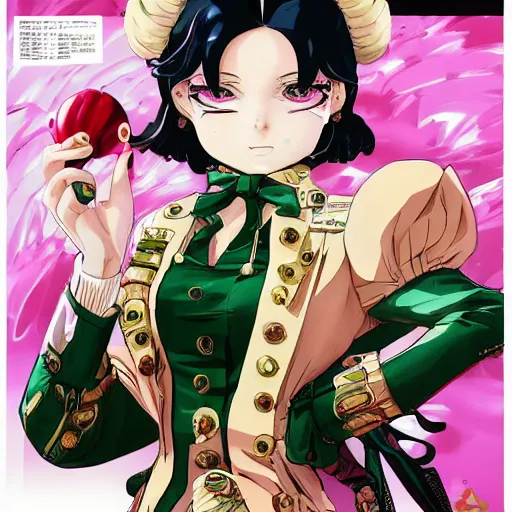 Image similar to Magazine Cover Anime key visual of a Gucci girl; official media; typography; drawn by Hirohiko Araki; Jojo's Bizarre Adventure; Jojolion, portrait, made by Stanley Artgerm Lau, WLOP, Rossdraws, James Jean, Andrei Riabovitchev, Marc Simonetti, Yoshitaka Amano, ArtStation