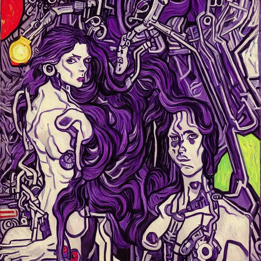 Prompt: A beautiful painting of a cyberpunk girl with purple hair and an a huge robot arm sensual stare, augmentations and cybernetic enhancements neon circuits, Painted by Vincent Van Gogh ❤️‍🔥 🔥 💀 🤖 🚀