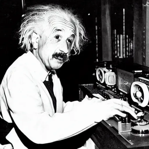 Image similar to photo of Albert Einstein DJing a record player at a nightclub, vintage, highly detailed facial features, at a nightclub