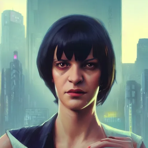 Prompt: portrait of a young mia wallace in front of a cyberpunk city, dramatic light, city background, sunset, high contrast, sharp, painted by stanley lau, painted by greg rutkowski, painted by stanley artgerm, digital art, trending on artstation