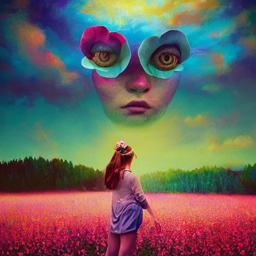 Image similar to girl with a enlarged up flower as a face, surreal photography, dream, standing in flower field, hills, big trees, sunrise dramatic light, impressionist painting, colorful clouds, digital painting, pointillism, artstation, simon stalenhag, flower face