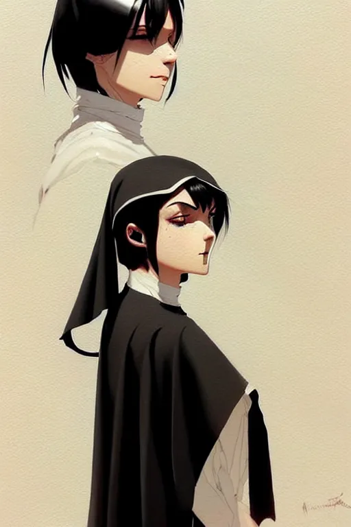 Image similar to a ultradetailed beautiful painting of a stylish nun, she has short black hair with bangs, by conrad roset, greg rutkowski and makoto shinkai trending on artstation