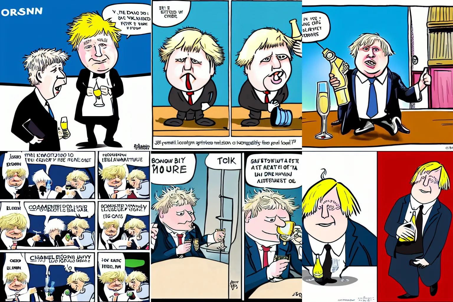 Prompt: Boris Johnson with champagne bottle, cartoon comic strip style