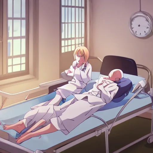 Image similar to a cute and beautiful young female doctor wearing white coat are taking care of an old patient on a bed in a hospital ward, slice of life anime, lighting, anime scenery by Makoto shinkai