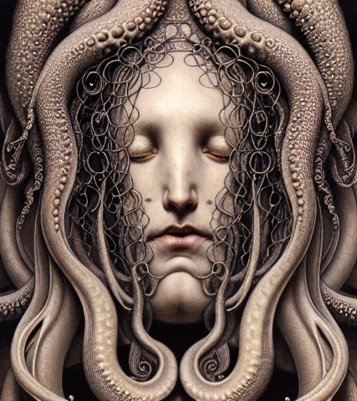 Image similar to detailed realistic beautiful octopus goddess face portrait by jean delville, gustave dore, iris van herpen and marco mazzoni, art forms of nature by ernst haeckel, art nouveau, symbolist, visionary, gothic, neo - gothic, pre - raphaelite, fractal lace, intricate alien botanicals, ai biodiversity, surreality, hyperdetailed ultrasharp octane render