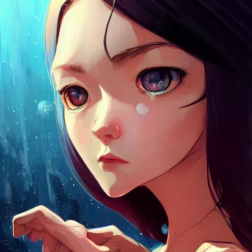 Image similar to A potrait of an alien with big and cute eyes, fine-face, realistic shaded perfect face, fine details. Night setting. Very anime style. Realistic shaded lighting poster by Ilya Kuvshinov katsuhiro, magali villeneuve, artgerm, Jeremy Lipkin and Michael Garmash, Rob Rey and Kentarõ Miura style, trending on art station