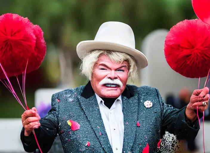 Image similar to photo still of rip taylor at a funeral service outside!!!!!!!! at age 5 4 years old 5 4 years of age!!!!!!! throwing confetti from a bucket, 8 k, 8 5 mm f 1. 8, studio lighting, rim light, right side key light