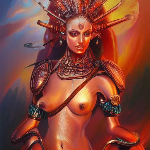 Prompt: A stunning painting of a fire goddess by Jim Burns, fantasy, Trending on artstation.
