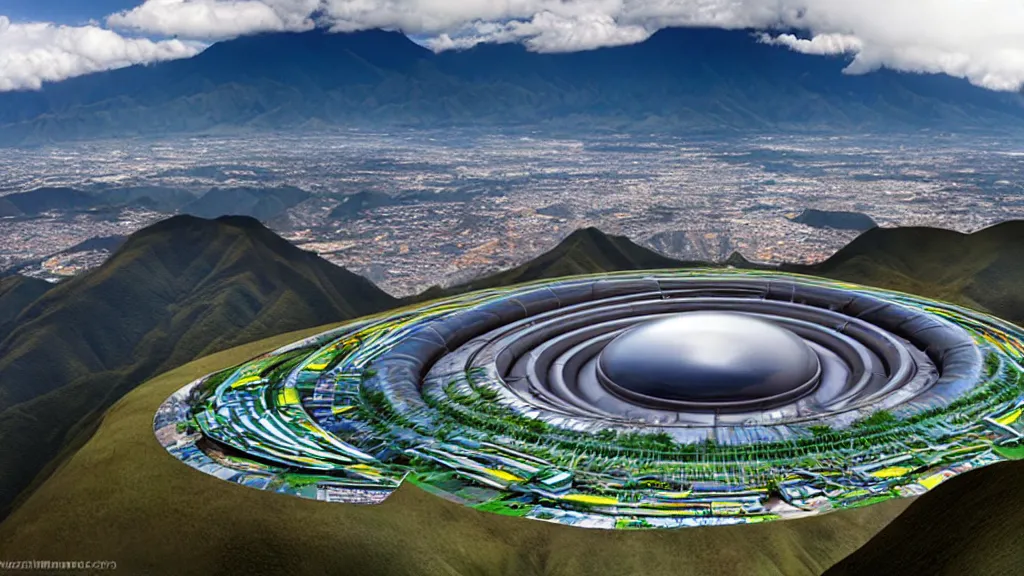 Image similar to Epic Giant Nuclear Reactor over the mountain valley of Quito, Ecuador; by Oswaldo Moncayo and Vincent Callebaut; Art Direction by James Cameron;