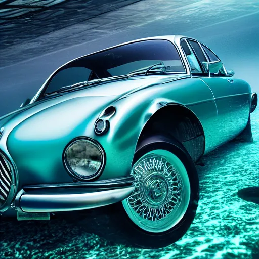 Image similar to hyperrealistic photo of an old jaguar car, half underwater in a swimming pool, 4 k, 8 k, thin film, full shot