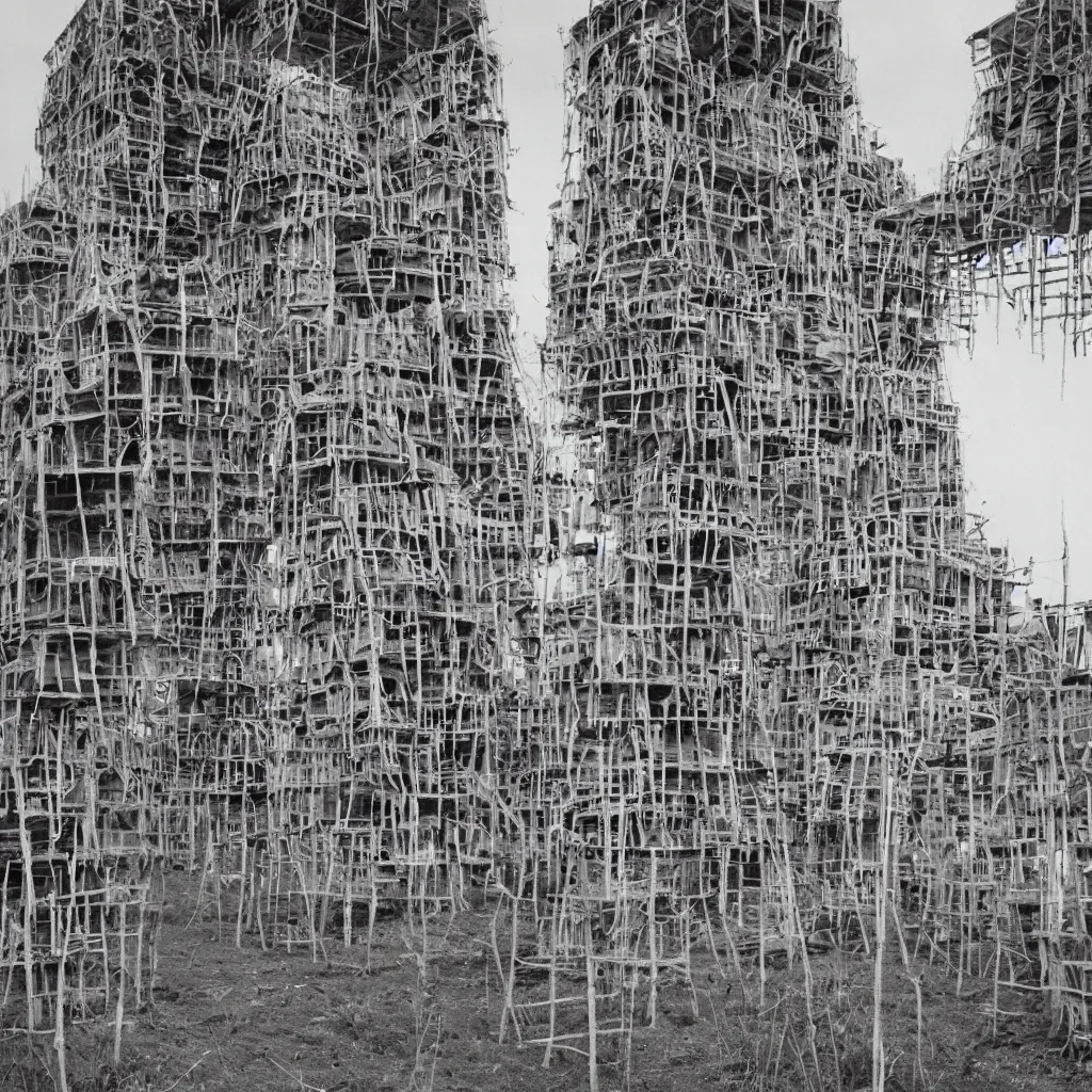 Image similar to organic looking towers, made up of makeshift squatter shacks with light colours, dystopia, mamiya rz 6 7, fully frontal view, very detailed, photographed by jeanette hagglund