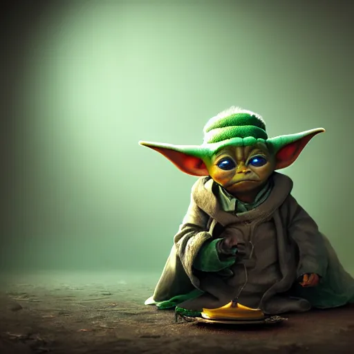 Image similar to full body pose, hyperrealistic photograph of baby yoda dressed as the mad hatter, dim volumetric lighting, 8 k, octane beautifully detailed render, extremely hyper detailed, intricate, epic composition, cinematic lighting, masterpiece, trending on artstation, very very detailed, stunning, hdr, smooth, sharp focus, high resolution, award, winning photo, dslr, 5 0 mm