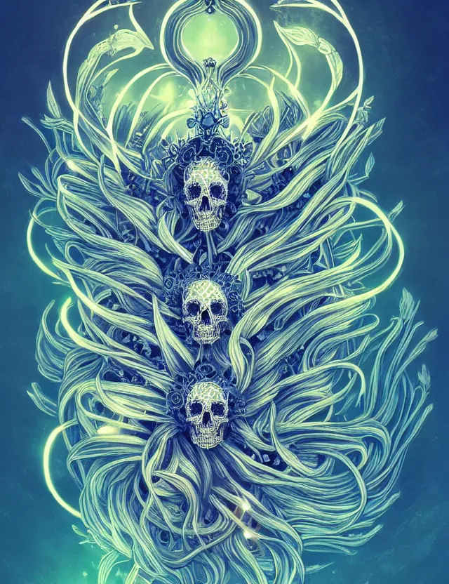 Image similar to symmetrical, centered, goddess close-up portrait wigh crown made of skulls. phoenix betta fish, phoenix, bioluminiscent creature, super intricate ornaments artwork by Tooth Wu and wlop and alena aenami and greg rutkowski