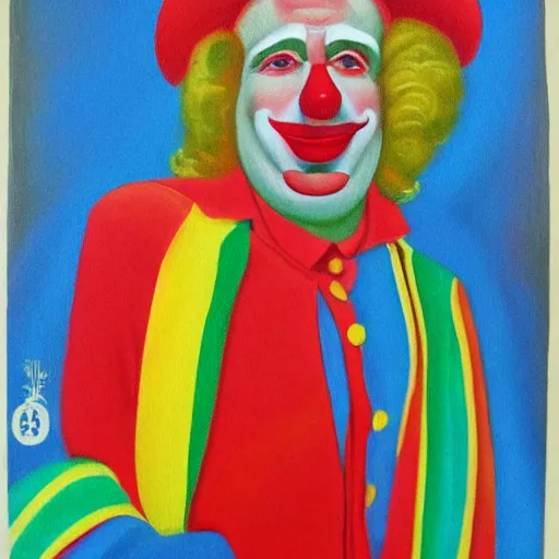 Image similar to communist clown portrait, soviet propaganda style painting, vivid colors