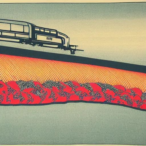 Image similar to high speed train in india against a giant rising sun, ukiyo - e style, lithograph, textile print, indian flag, indian scripts