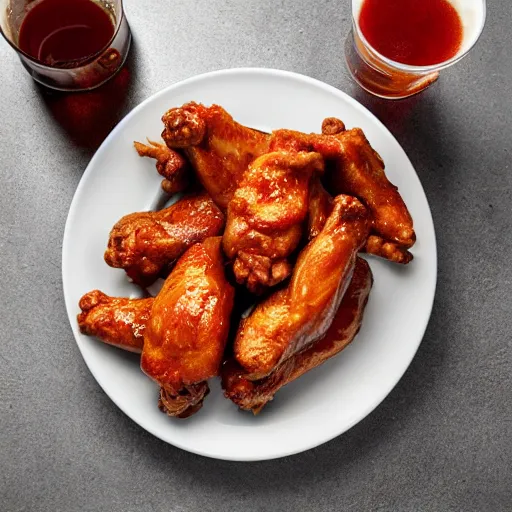 Image similar to chicken wings plate with beer on a white table, white background, photorealistic digital art