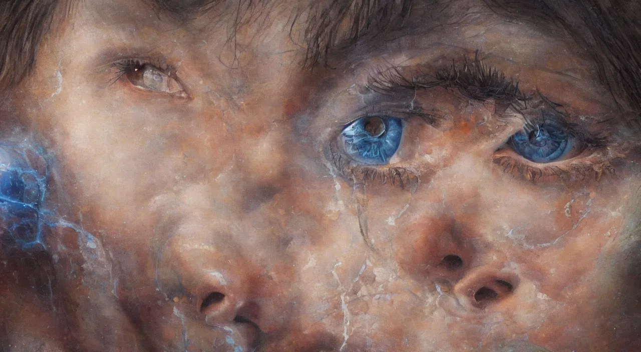 Prompt: Michal Angelo painting of a person starting mother universe in the eyes as the last person to exist takes their final breath. 8k resolution, mural.