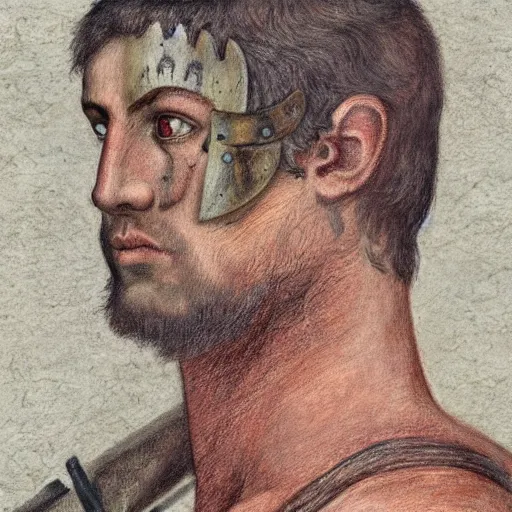 Image similar to self portrait, roman man with battle scar on his chest holding his sword on his shoulder, pencil art, detailed, handsome, colored, bloody