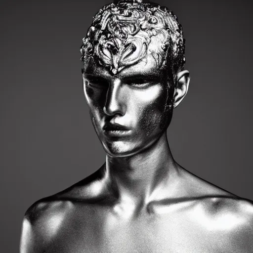 Prompt: a portrait of a beautiful young male wearing an alexander mcqueen armor made of liquid mercury , photographed by andrew thomas huang, artistic