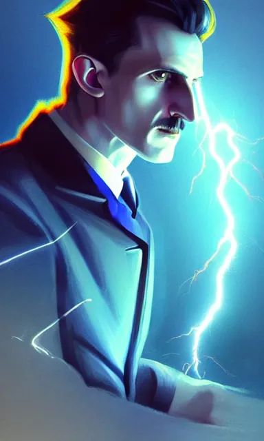 Prompt: nikola tesla, lightning, portrait, sharp focus, fantasy, digital art, concept art, dynamic lighting, epic composition, trending on artstation, by emylie boivin 2. 0, rossdraws 1. 0, artgerm 3. 0