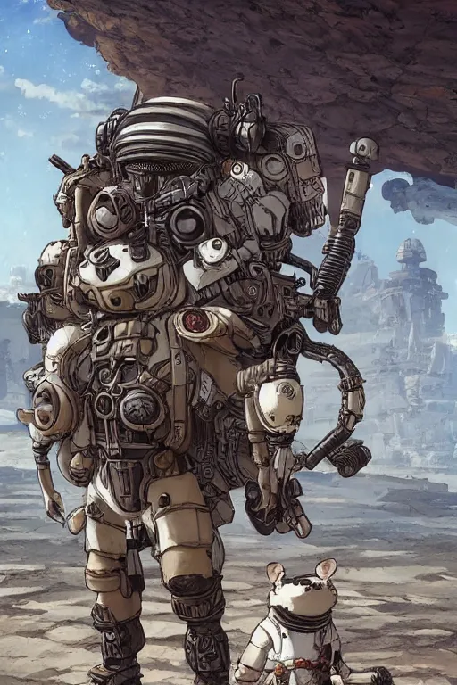 Image similar to anthropomorphic rodent with white and black ancestral ornate japanese tactical gear on an abandonment desert planet, high intricate details, long shot, rule of thirds, golden ratio, graphic novel by fiona staples and dustin nguyen, by beaststars and orange, peter elson, alan bean, studio ghibli, makoto shinkai