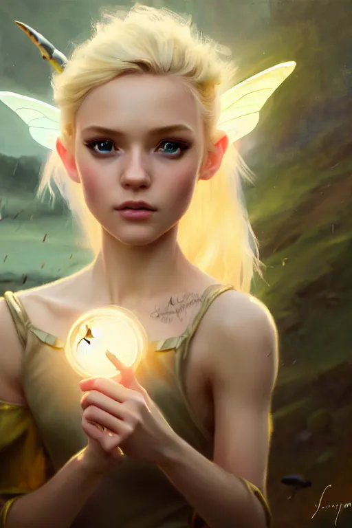 Image similar to cinematic shot of an epic portrait of a cute blonde fairy dressed in military clothes, stylised military clothes, shiny skin, beautiful eyes, beautiful, small details, night setting, realistic poster with volumetric light from craig mallism, artgerm, jeremy lipkin and michael garmash, unreal engine, radiant light, digital art, trends at art station, a masterpiece