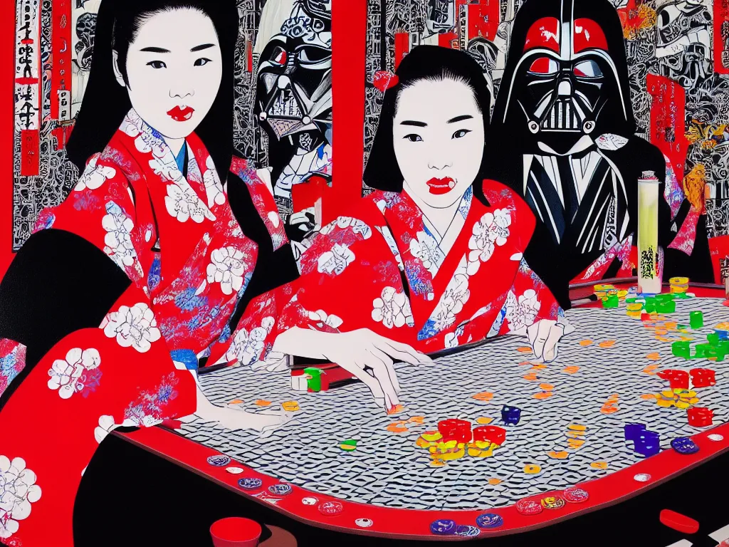 Image similar to hyperrealism composition of the detailed woman in a japanese kimono sitting at an extremely detailed poker table with darth vader, fireworks on the background, pop - art style, jacky tsai style, andy warhol style, acrylic on canvas