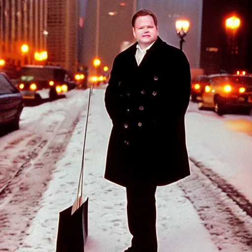 Image similar to 1 9 9 8 andy richter wearing a black wool coat and necktie standing on the streets of chicago at night in winter, holding shopping bags, dynamic lighting, holiday season.