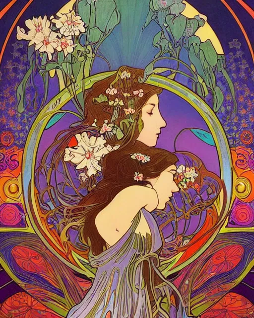 Prompt: psychedelic exotic flowers on a mysterious fantasy planet by Alphonse Mucha, Moebius, hiroshi yoshida, Art Nouveau, colorful, ultradetailed, vivid colour, 3d