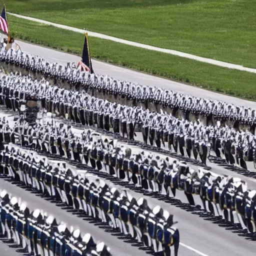 Prompt: a military parade doing goose steps while holding giant keyboards, 4 k photography