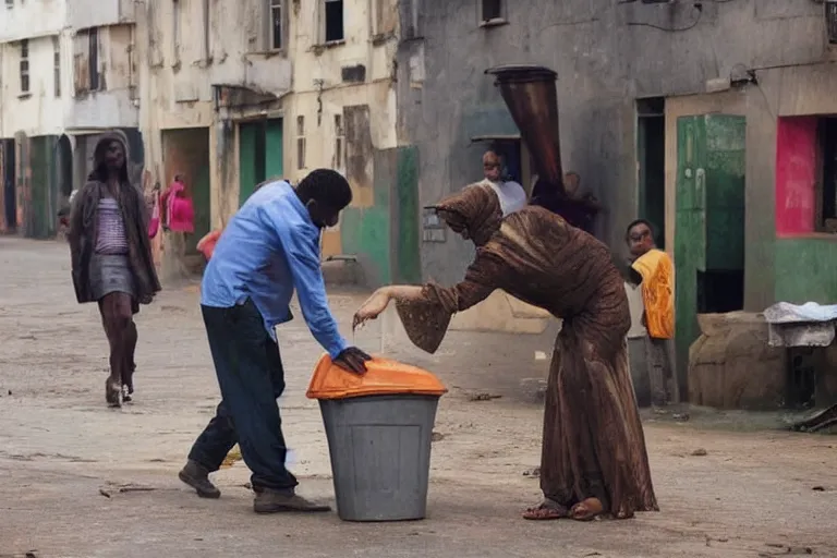 Image similar to a guy putting a dustbin over the head of a girl