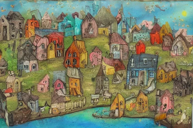 Image similar to a small fantasy town, mixed media on canvas, 2 d, whimsical,