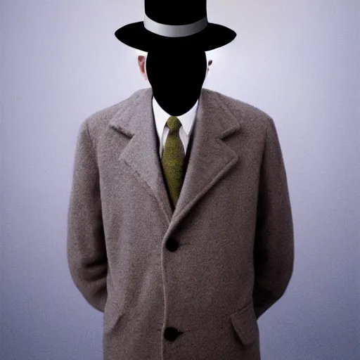 Image similar to portrait of a man wearing pants hat, realphoto render by rene magritte