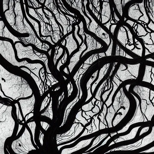 Prompt: award - winning painting of pitch black, tar - like, shadow roots with lots of tendrils spreading everywhere, intricate detail, deep black roots, infestation, shadowy, lovecraftian, beksinksi, black and white, chiaroscuro, myzelium