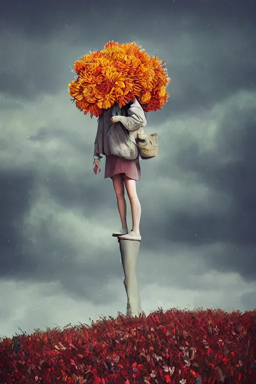 Image similar to portrait, giant flower head, a girl with coat between hedges, surreal photography, wind and cold, dramatic sky, impressionist painting, digital painting, artstation, simon stalenhag