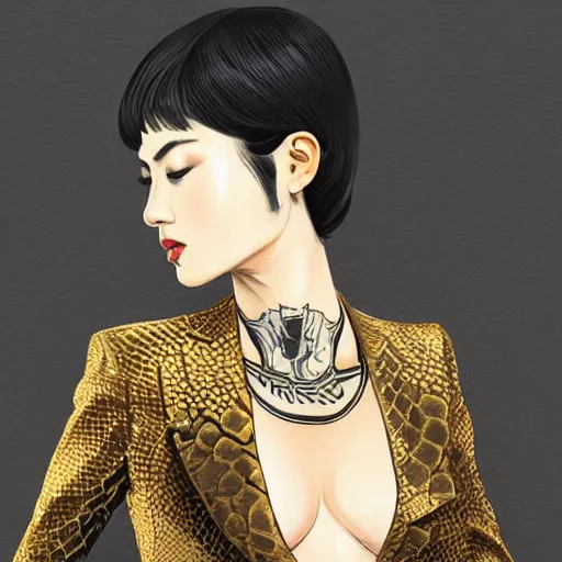 Image similar to yakuza slim girl, gold suit jacket in snake print, jacket over bare torso, yakuza tattoo Irezumi on body, black short curtain haircut, black leather pants with black belt, portrait, beautiful face, elegant, 2d, ultra highly detailed, digital painting, smooth, sharp focus, artstation, art by Ilya Kuvshinov, rossdraws