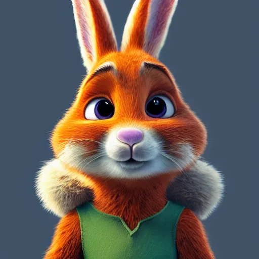 Prompt: portrait of a super cute bunny, a carrot, pixar, zootopia, cgi, blade runner. trending on artstation