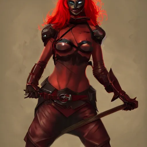 Image similar to a red haired, red eyed woman, dark leather armor, holding a bow, by ingrit lima and june jenssen, artstation, behance