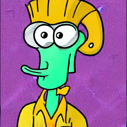 Image similar to handsome squidward, male portrait, colorful, cartoon style