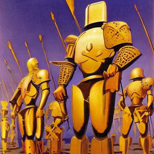 Image similar to a painting of shining metal medieval armors soldiers by bruce pennington nicholas roerich, by frank frazetta, by amazon, by georgia o keeffe, reflective metallic