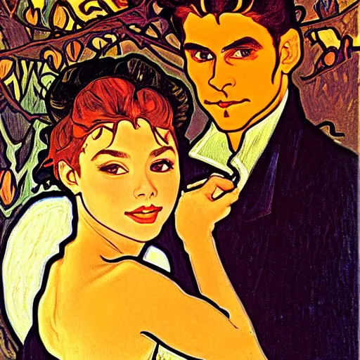 Image similar to painting of handsome young beautiful jeff and gorgeous rina together at the jack o'lantern halloween party, elegant, clear, painting, stylized, art, art by alphonse mucha, vincent van gogh, egon schiele,