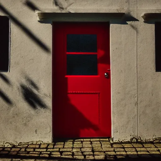 Prompt: A dark world filled with lamps, there is a single red door