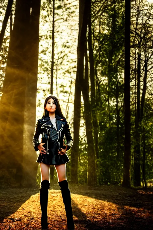 Prompt: hyperrealistic mithra young girl in her 20s intricate knee high black boots and leather jacket in a forest sun behind her concept art eric zener elson peter cinematic blue light low angle hd 8k sharp shallow depth of field