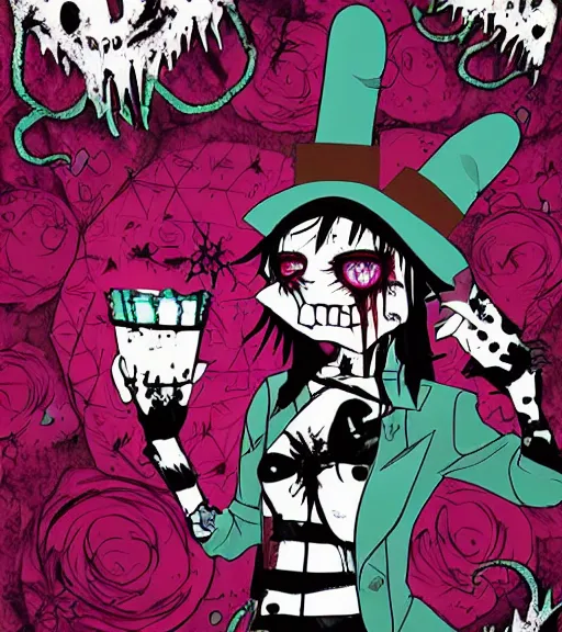 Prompt: horror acid colors, grim-hatter, a dark picture comic featuring blood horror and goth anime girls, anime vampires, evil horror vibes