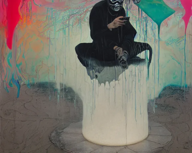 Image similar to portrait of a transforming masked actor sitting on a stalagmite looking into a tablet smoking vape by james jean and luc tuymans and beeple and hernan bas and pat steir and hilma af klint, psychological, 3 d, dripping paint, high quality render, masterpiece