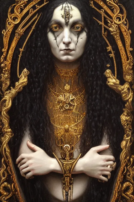 Image similar to hyper realistic painting portrait of the black metal queen, occult diagram, elaborate details, detailed face, intrincate ornaments, gold decoration, occult art, oil painting, art noveau, in the style of roberto ferri, gustav moreau, jean delville, bussiere, andrew gonzalez