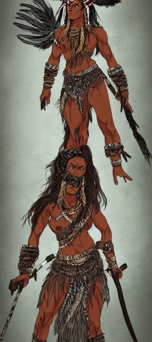 Prompt: Anime-style full length portrait of a fierce muscular Arikara warrior woman wearing tribal skins and a feathered headdress. She stands tall by a rocky cascade. Noble bearing. Award winning Fantasy rpg character concept art.